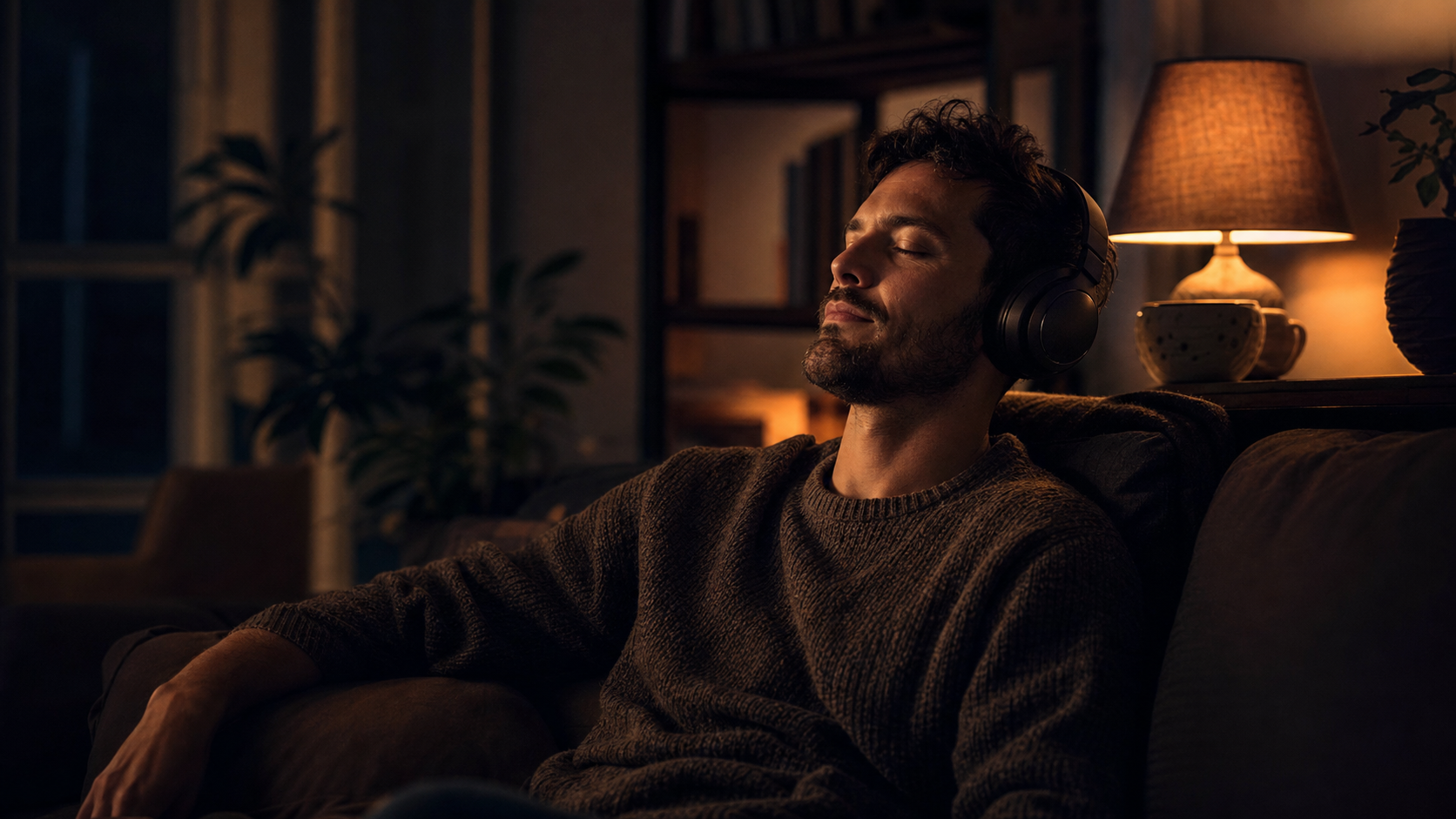 Iemand luistert met koptelefoon naar een hoorspel in een warm verlichte kamer