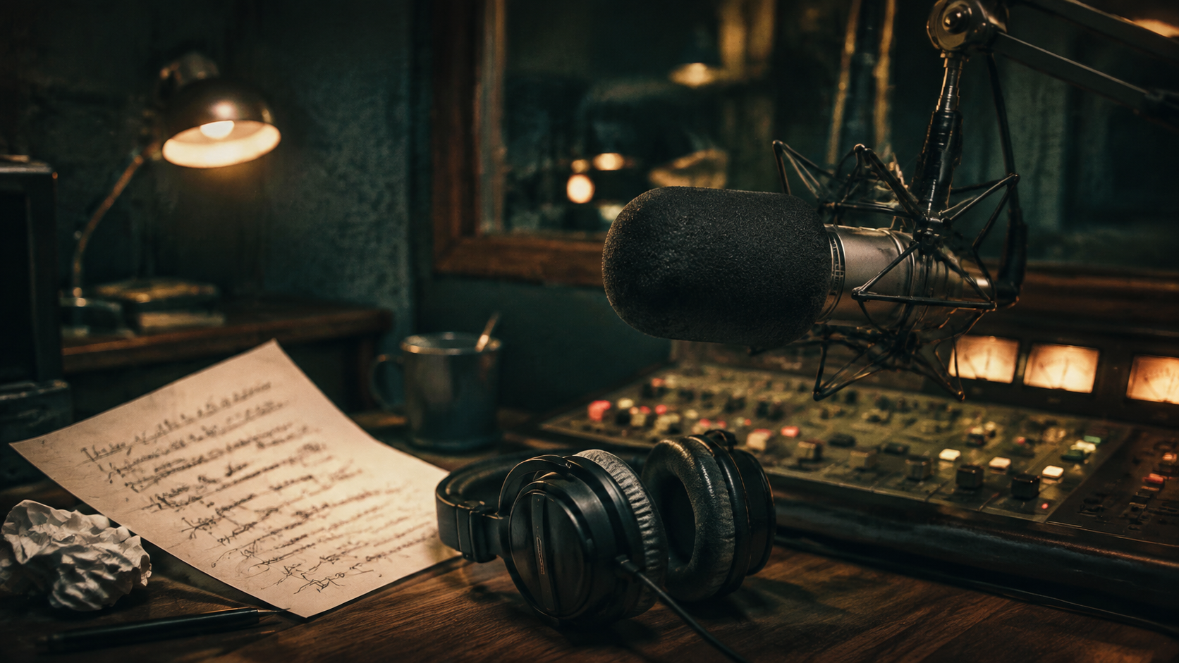 Illustratie van een microfoon, koptelefoon en mengtafel in een radiostudio